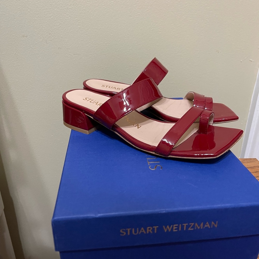 Stuart Weitzman Patent Leather Red Strappy Block Heel Sandals - Picture 3 of 5